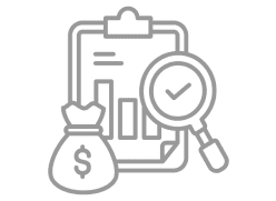 Money bag, clipboard, magnifying glass icon.