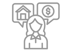 Person with house and dollar speech bubbles.