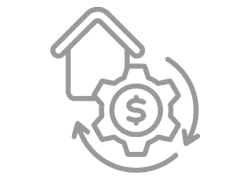House, gear, dollar symbol, circular arrows.