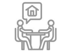 Two figures discussing house icon.